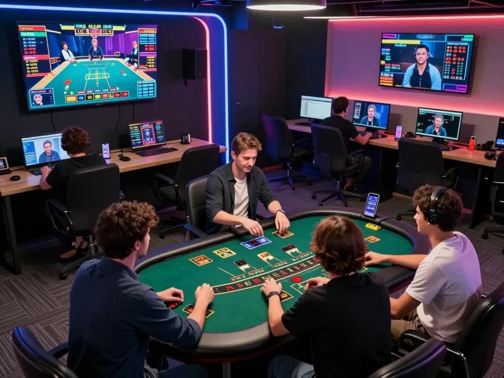 Engaging live dealer at gen-e online blackjack table, exciting gaming atmosphere with vibrant lighting and interactive screens.