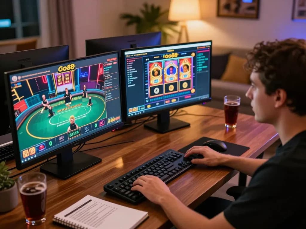 Player engaged in Go88 online casino gaming, showcasing poker and slot activities on computer.