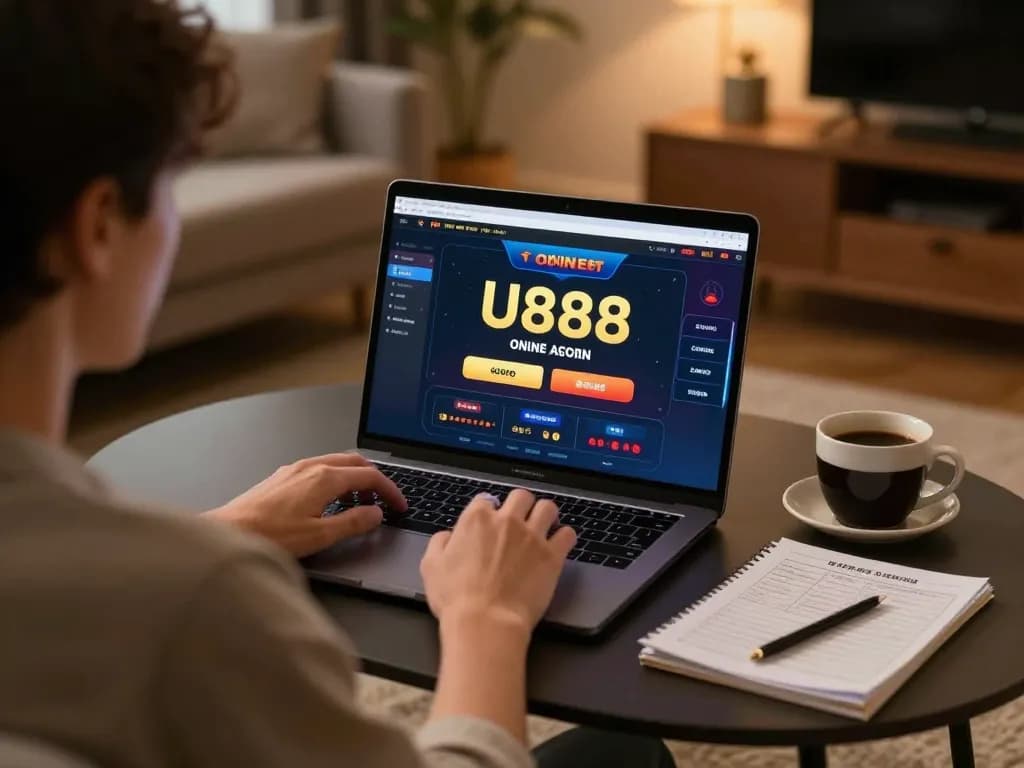 Player enjoying U888 online casino on a laptop in a cozy home setup.