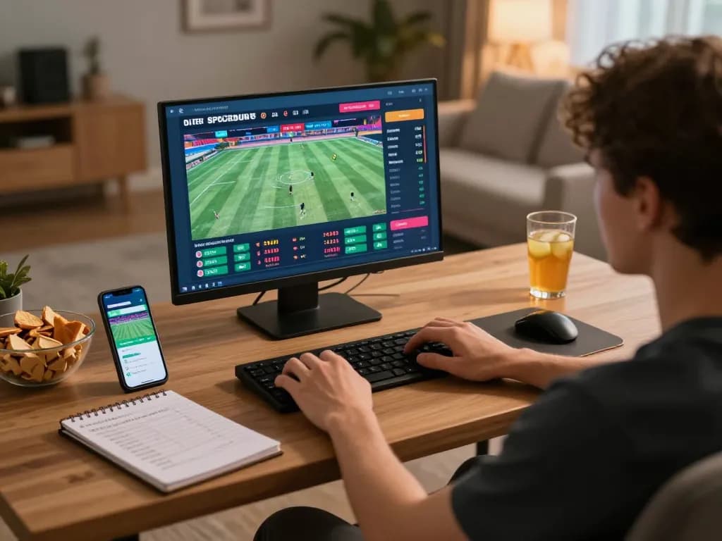 Engaged user placing bets on OK8386 sportsbook from modern home setup with strategic notes.