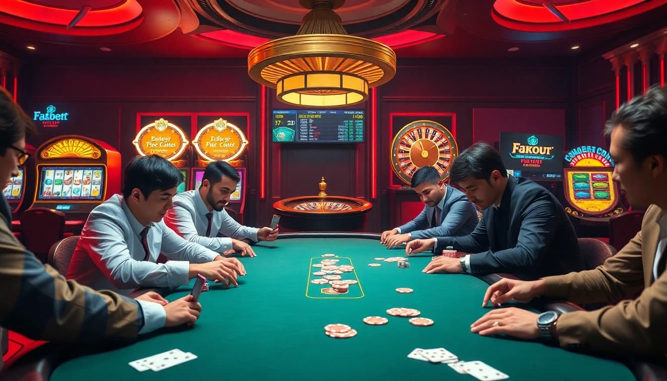 Engaging poker game action at https://fabet3.com/ showcasing savvy players and vibrant casino atmosphere.