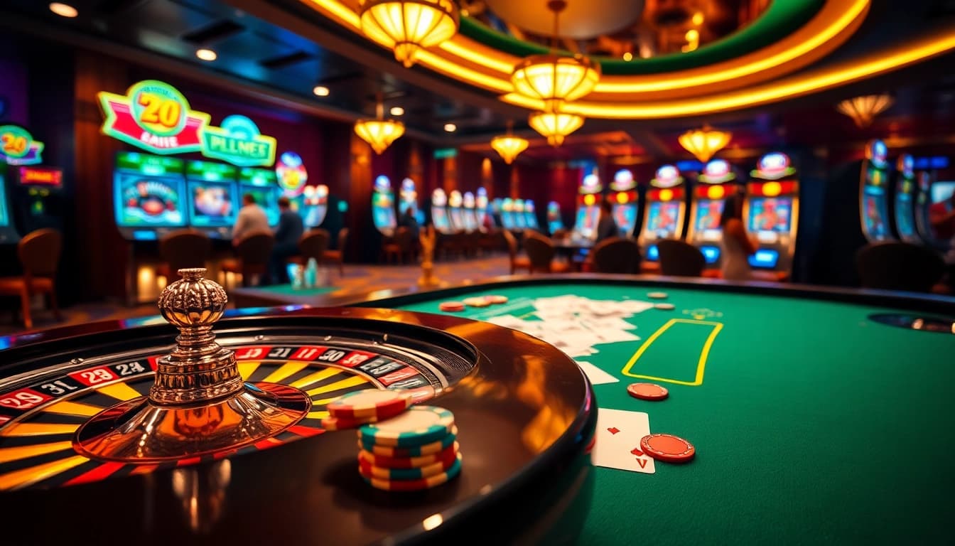 Engaging roulette and poker table scene at RR88 com casino, showcasing vibrant gaming action.