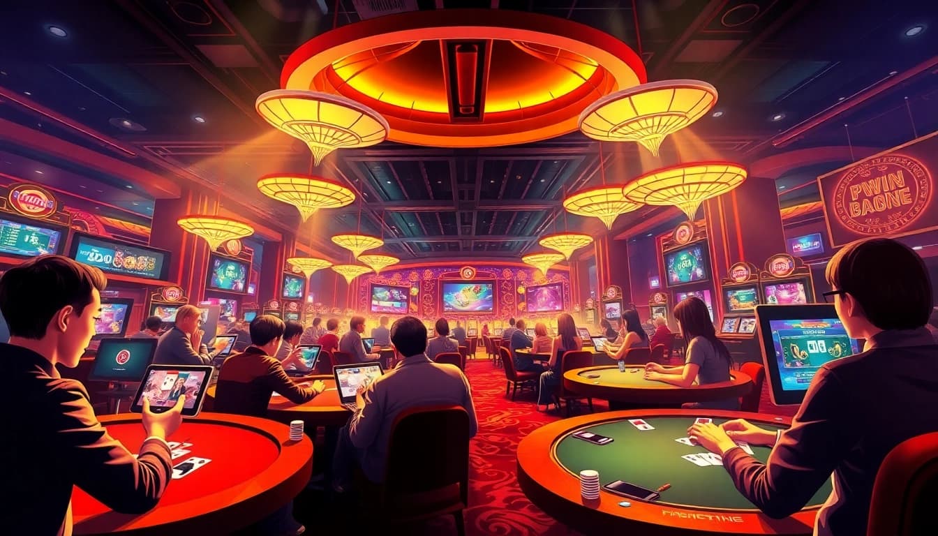 Players experiencing the thrill of gaming at 98win, showcasing poker and baccarat in a vibrant online casino setting.