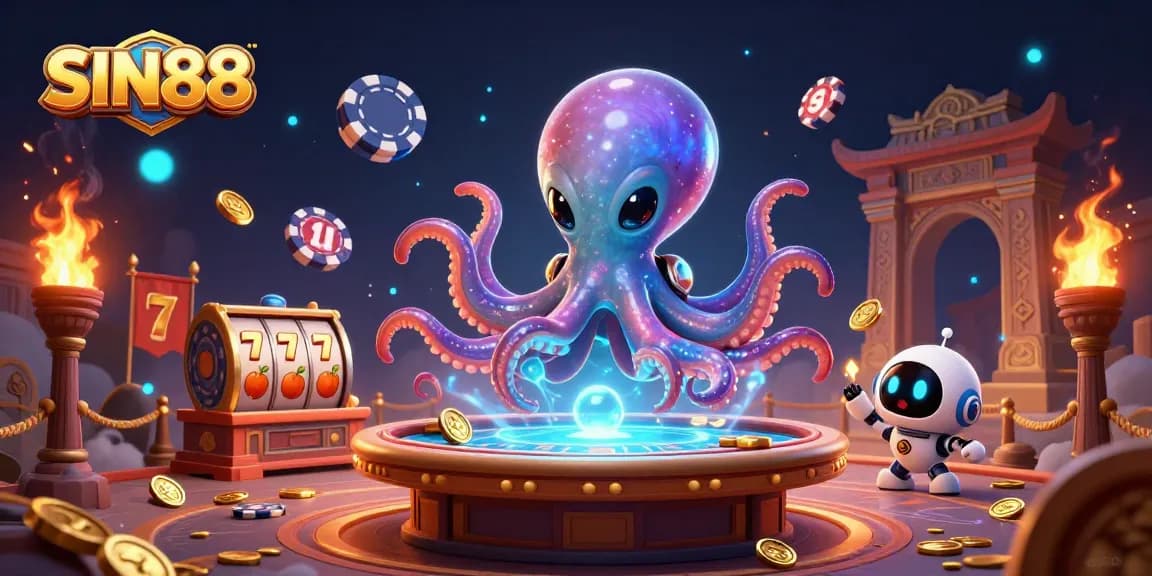 SIN88 features an alien octopus at a holographic poker table among vibrant casino elements.