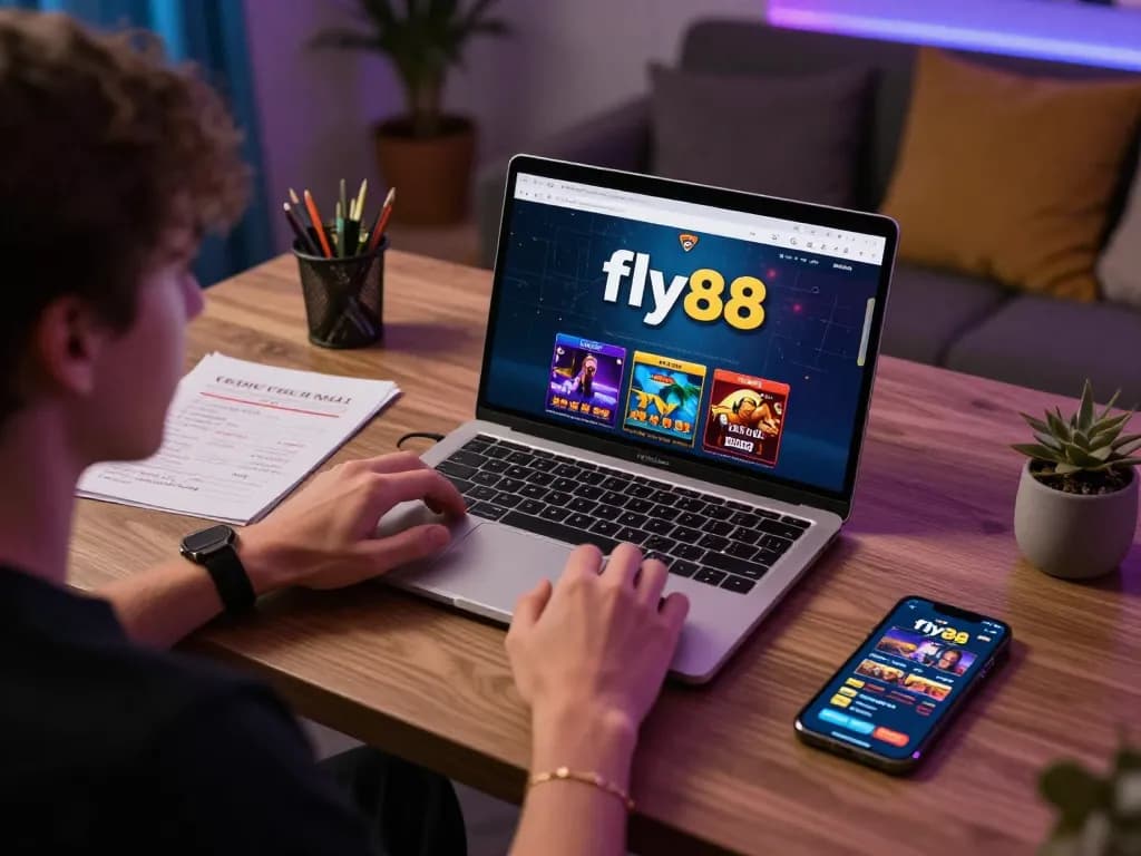 Player engaging with fly88 online casino games on a laptop, showcasing responsible gaming.