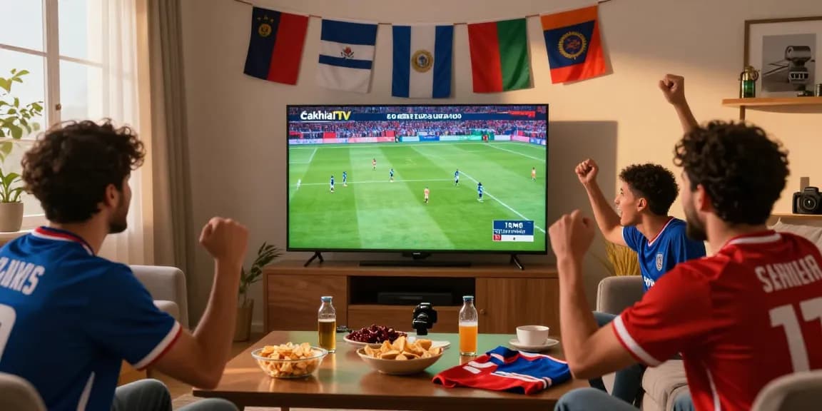 CakhiaTV live soccer broadcast scene with enthusiastic fans enjoying the game.