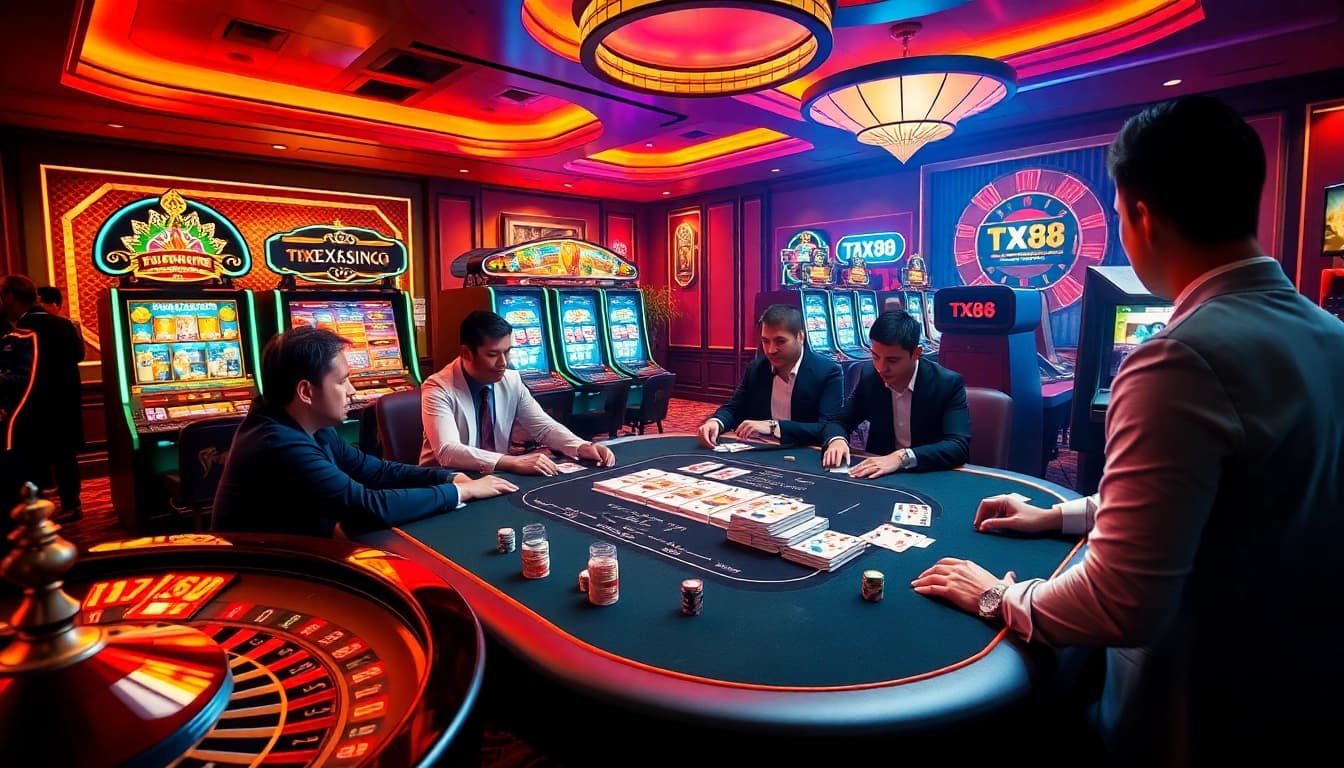 Playing at TX88 casino with vibrant slot machines and high-stakes poker games.