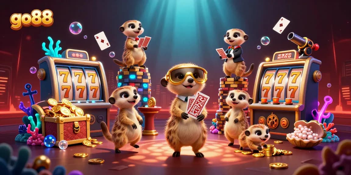 Experience the thrill of go88 gaming with playful meerkats in a vibrant casino scene packed with action and treasures.