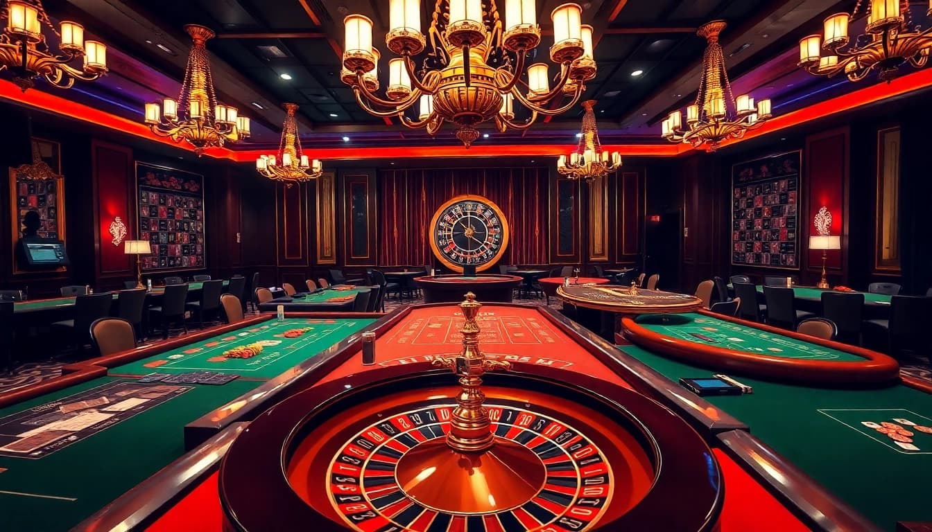 Engaging gamblers at a luxurious casino showcasing 'lo de uy tin' gaming with tables and roulette.