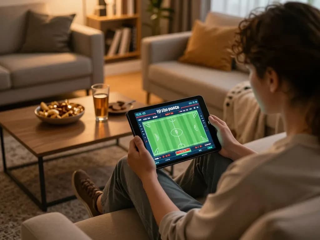 Engaging scene of tablet displaying tỷ lệ kèo nhà cái in a cozy home setting for sports betting