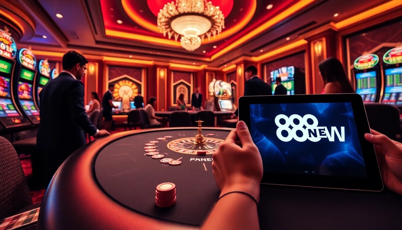 Players enjoying high-stakes games at 888NEW casino with vibrant atmosphere and slots.