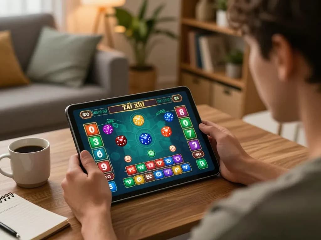 Experience thrilling Tài Xỉu gaming at home with taixiuonline8 on a tablet, highlighting strategic gameplay.