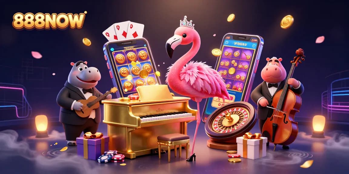 Experience the excitement of 888NOW, featuring a vibrant casino scene with animated characters and immersive gaming elements.