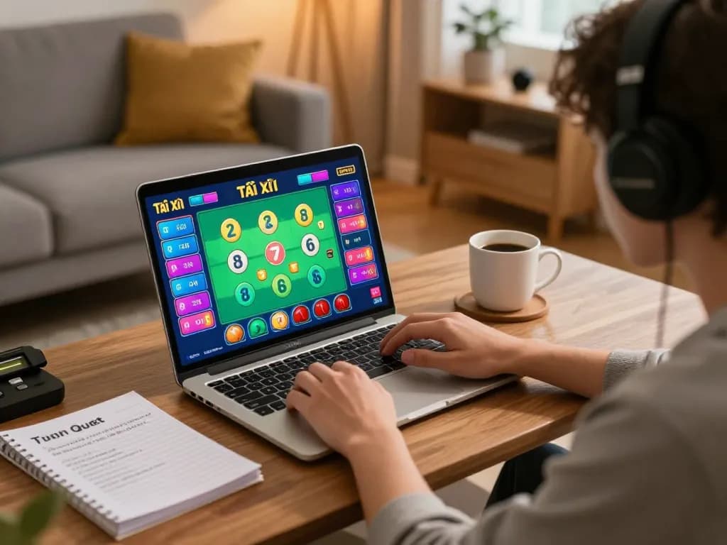 Engaging in Tài Xỉu online, a player interacts with the game on a laptop in a cozy home setting, showcasing strategic entertainment.