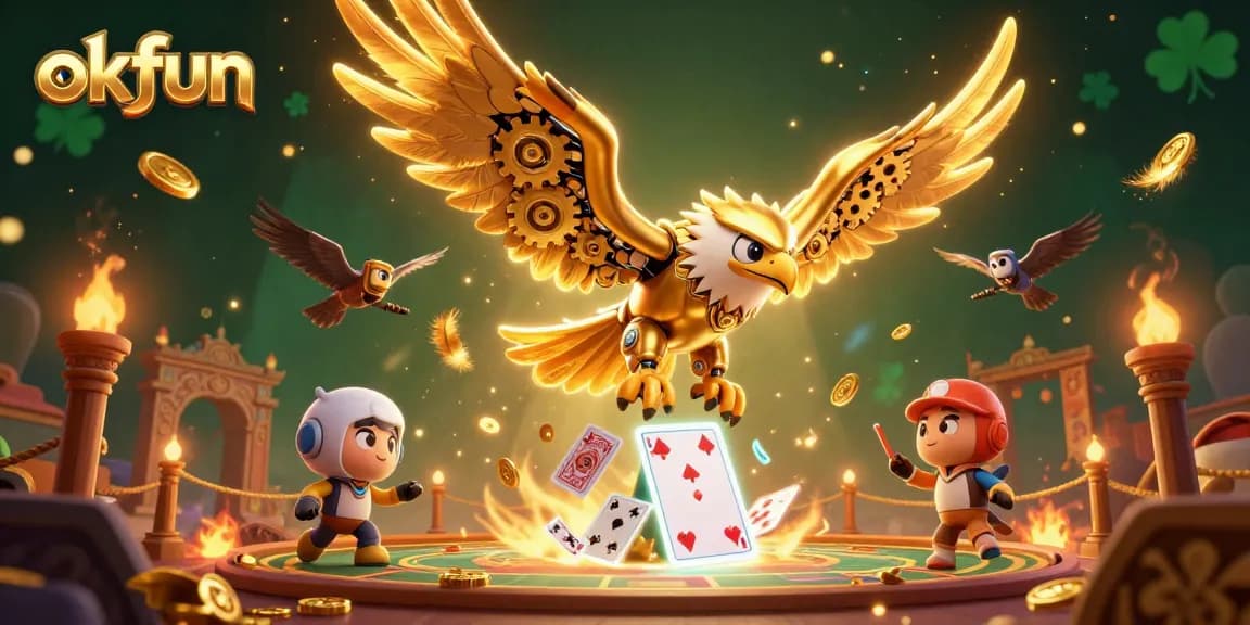 Experience thrilling gameplay at okfun with golden eagle diving through holographic cards in dynamic casino scene.