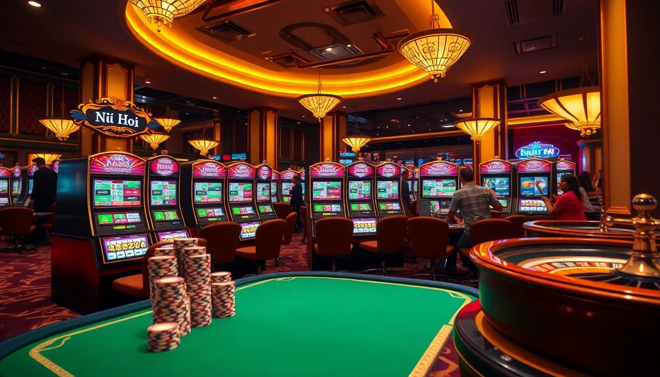 Excited players winning on nổ hũ slot machines in a luxurious casino setting.