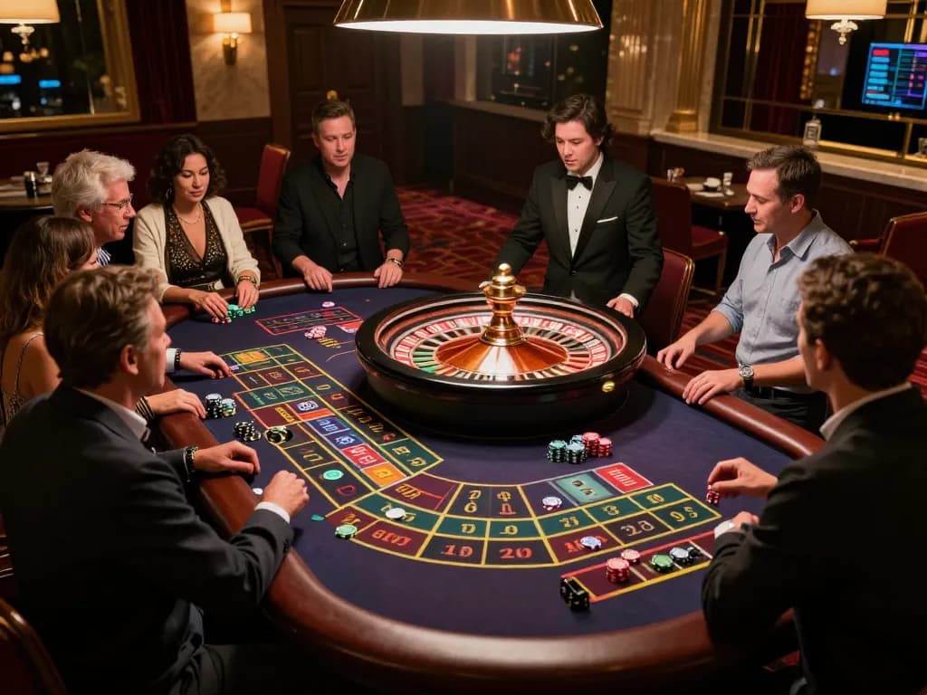 Players at the roulette table engaging with mb66 betting strategy in an upscale casino environment.