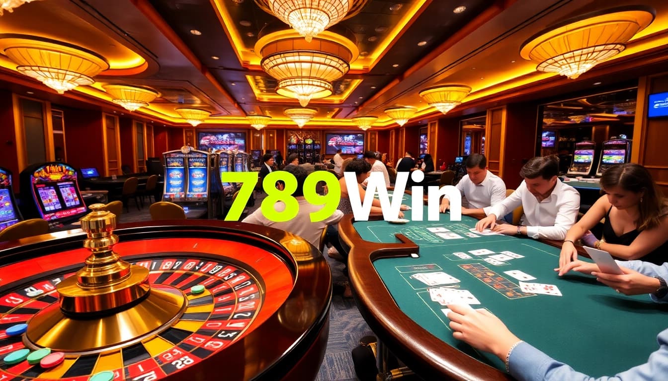 Players enjoying a thrilling game at 789Win casino with roulette and poker tables.