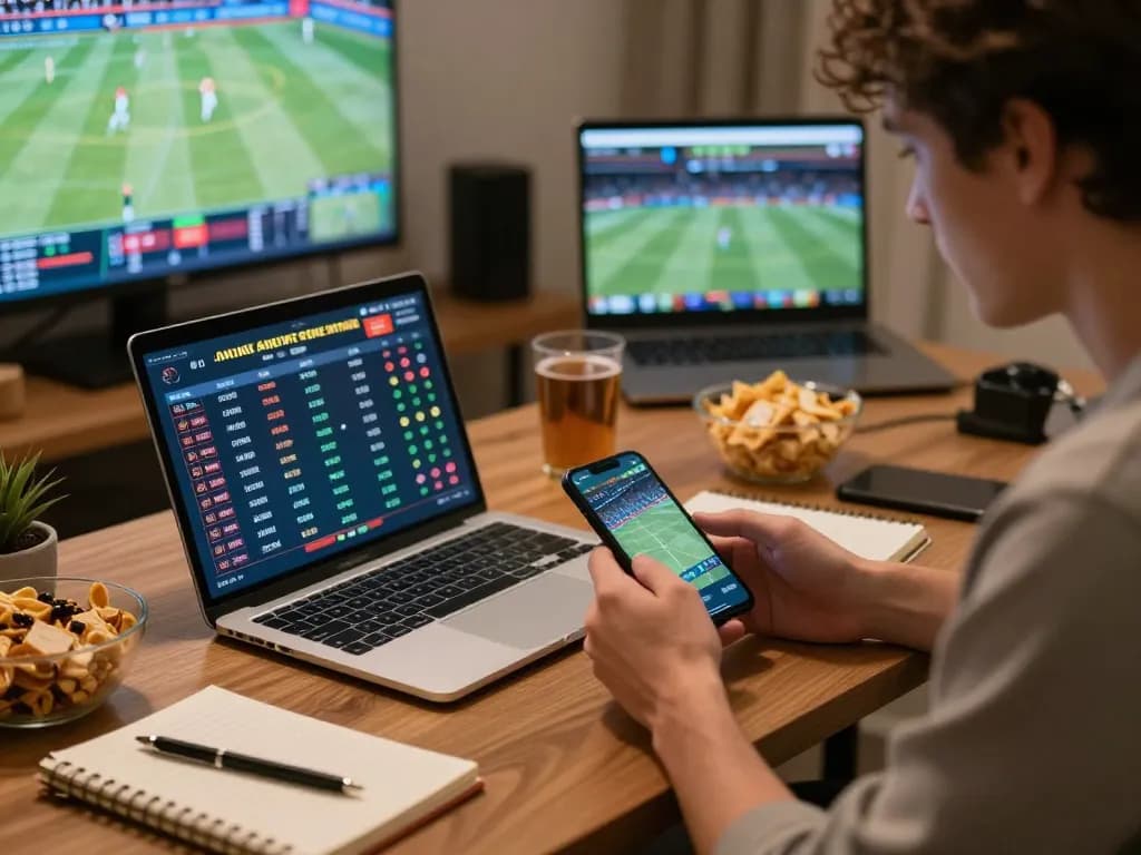 Person engaged in live sports betting on Hoiquantv, analyzing game stats on multiple screens.