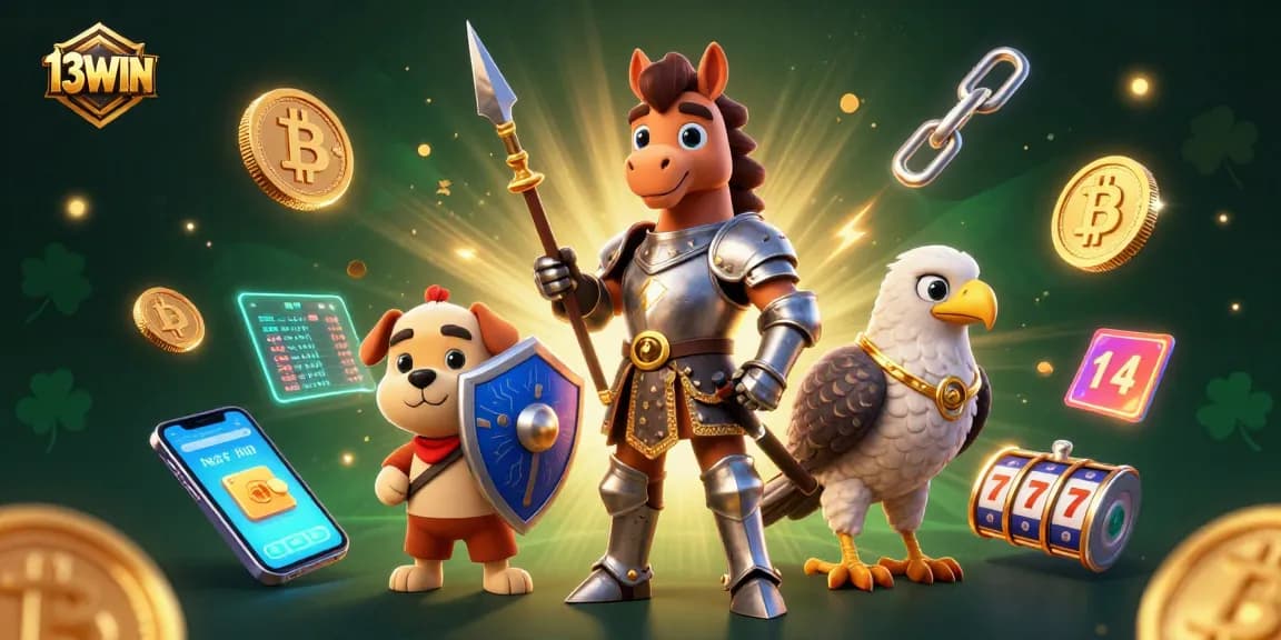 Engage with 13WIN casino excitement featuring cartoon characters, Bitcoin coins, and vibrant gaming elements.