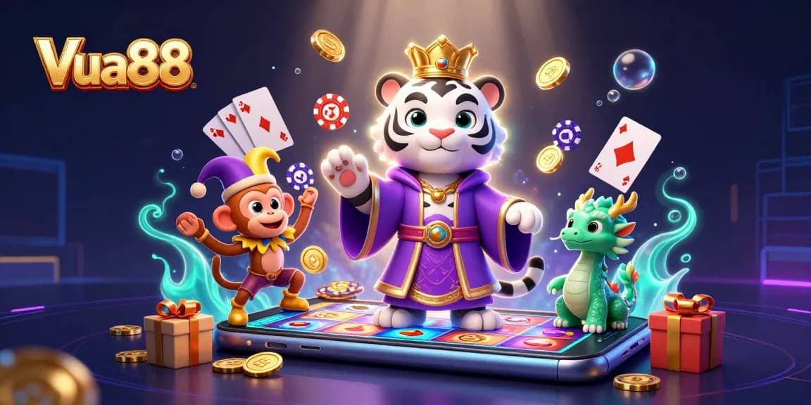 Engage with Vua88's vibrant 3D illustration showcasing thrilling casino games and dynamic characters.