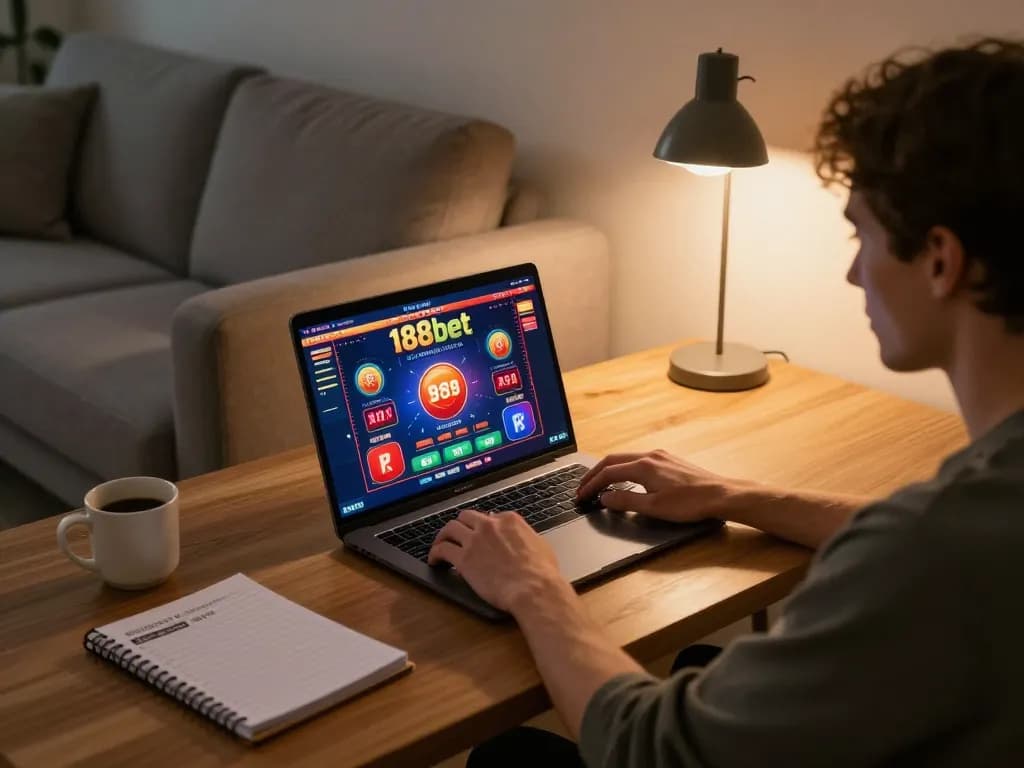Engaging online gambling experience with 188bet on a laptop, cozy home setting