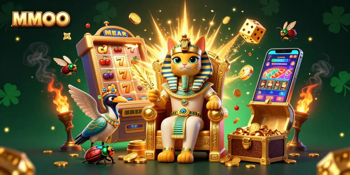 MMOO slot experience with Egyptian-themed characters, vibrant jackpot explosion, and immersive gaming atmosphere.