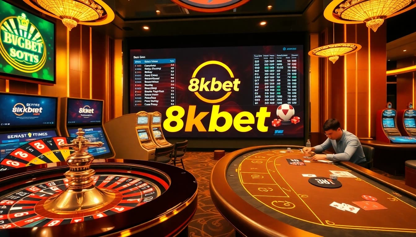 An engaging scene of online gambling featuring the 8kbet logo, roulette, and slot machines.
