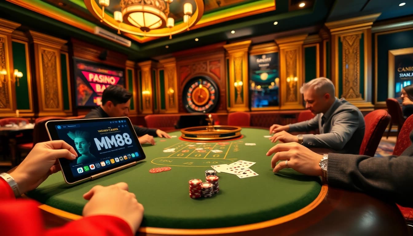 Experience the excitement of MM88 at a luxurious casino poker table with vibrant gameplay.