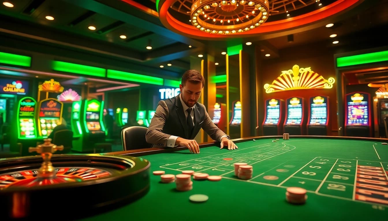Players engaging in an intense poker game at tr88 casino with vibrant poker chips and cards.