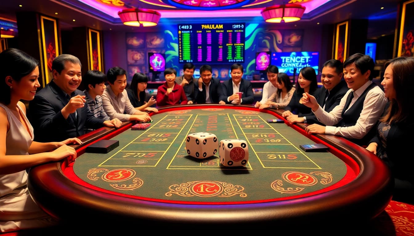 Tài xỉu md5 gaming table with players placing bets in an exciting casino atmosphere.