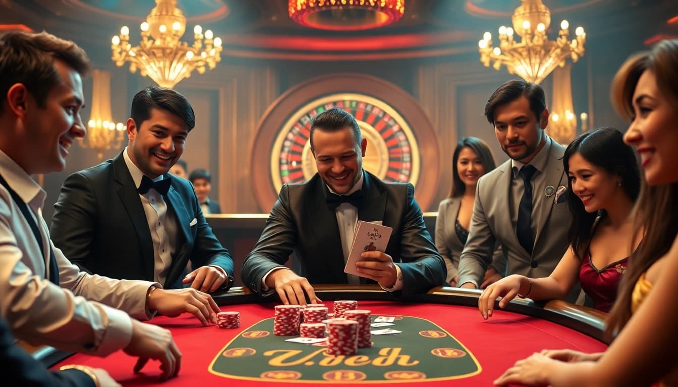 Experience the excitement of U888 with a vibrant casino scene featuring a poker game.