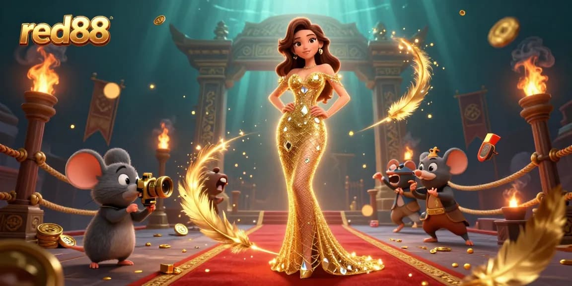 Engage with red88 in a vibrant 3D casino scene featuring glamorous characters and thrilling game elements.