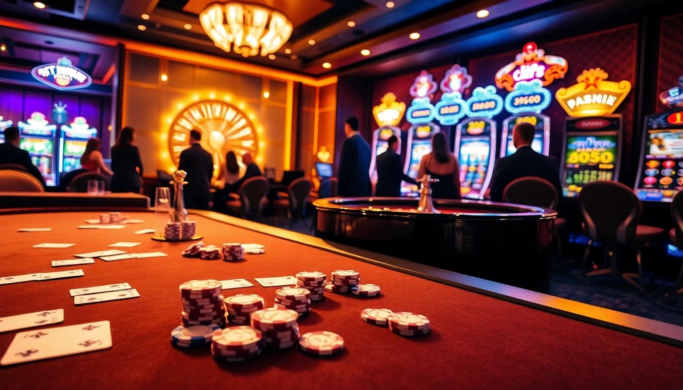 Experience the excitement of 789win club with a stunning casino atmosphere featuring poker tables and roulette wheels.