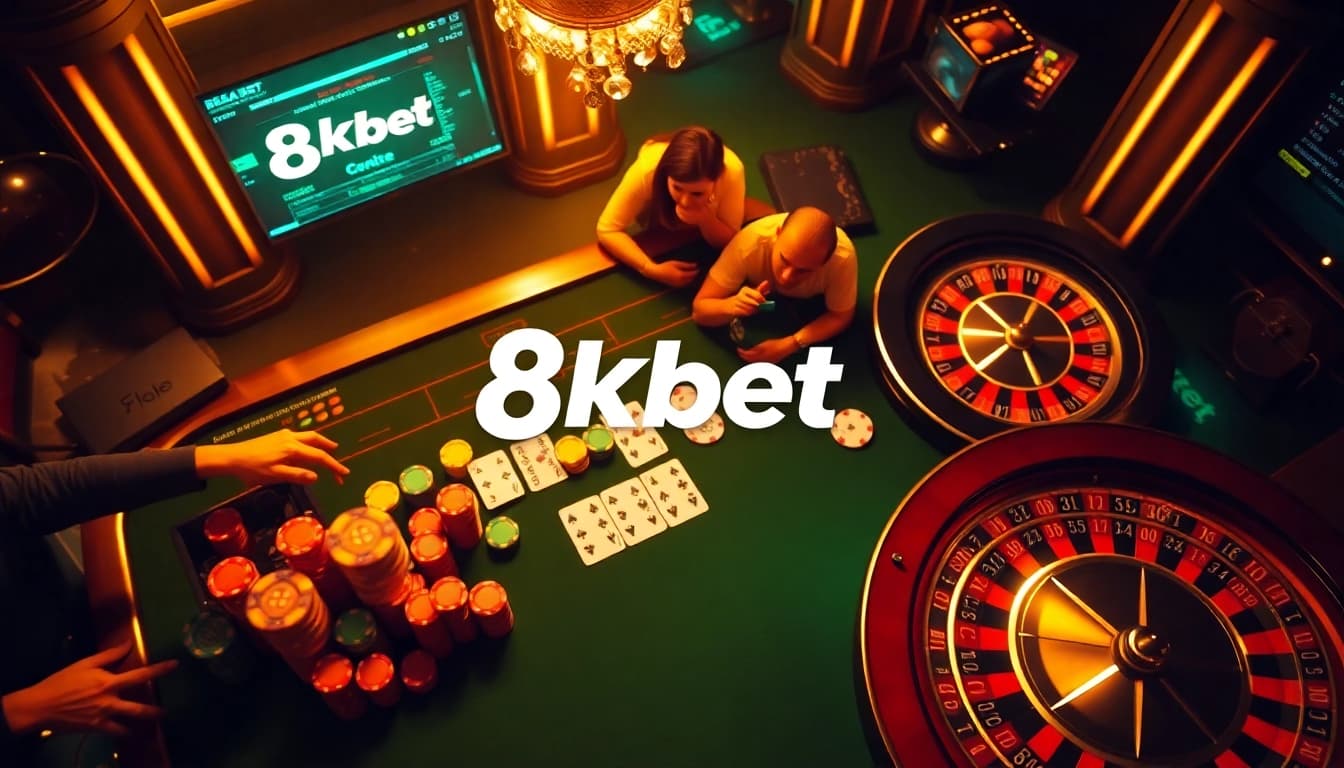 8kbet's thrilling casino experience with poker chips, cards, and a roulette wheel.