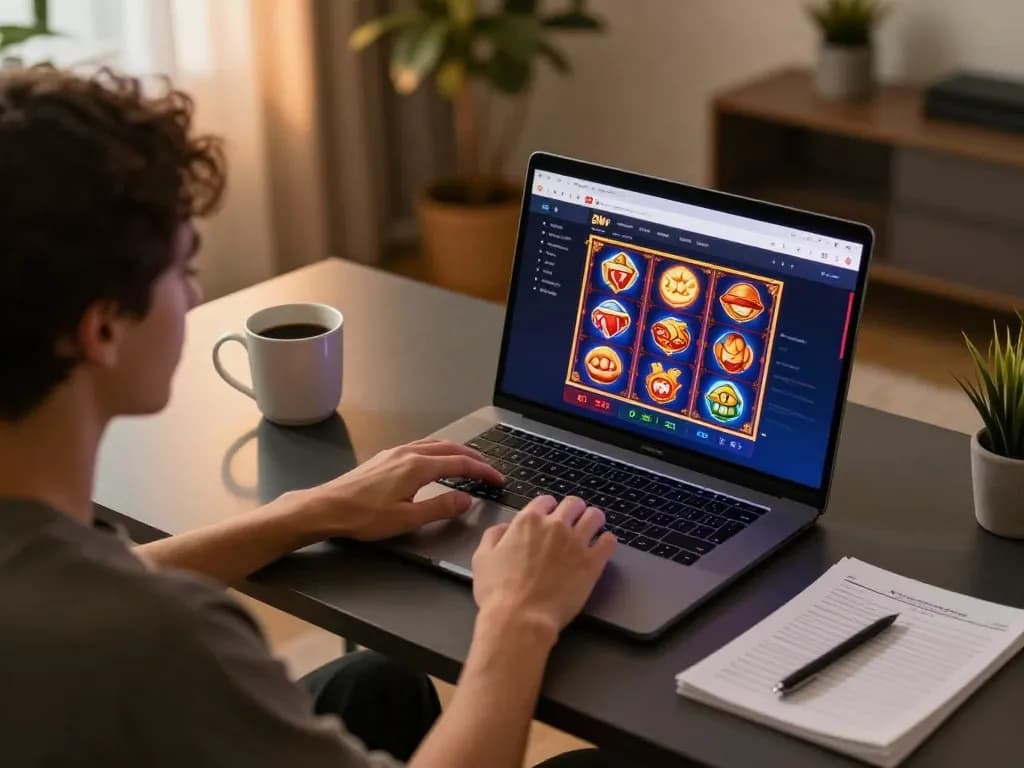 3Win player engaging in online gaming from home, laptop screen showcasing vibrant casino games.