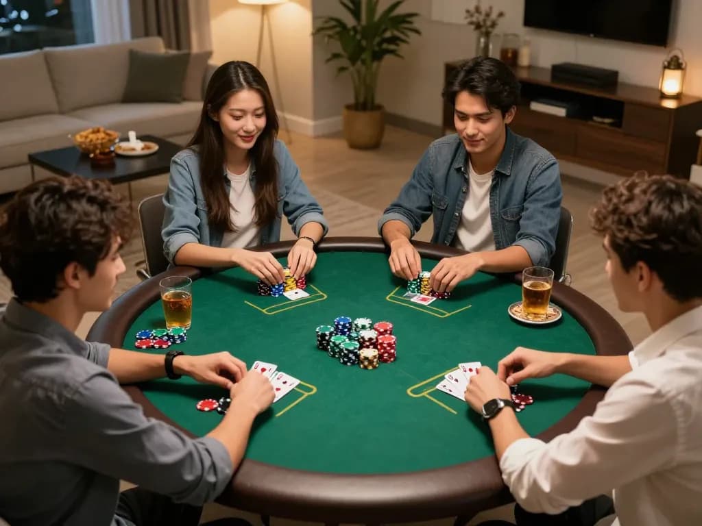 Players enjoying a home poker night at 789win with competitive gameplay and a cozy atmosphere.