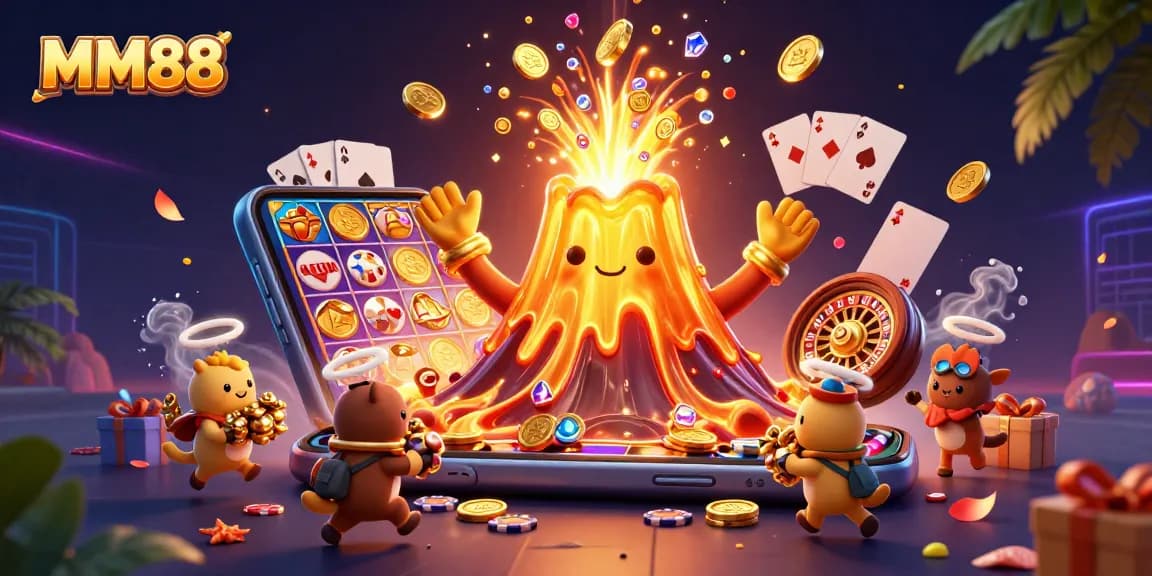 Experience the thrill of MM88 casino with a victorious golden volcano erupting treasures amidst vibrant gameplay elements.