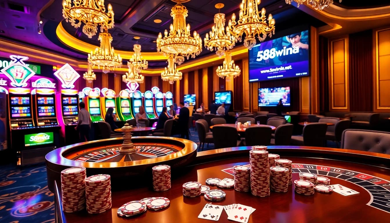 Experience the excitement of 58win4b.net with vibrant casino visuals like slot machines and roulette tables.
