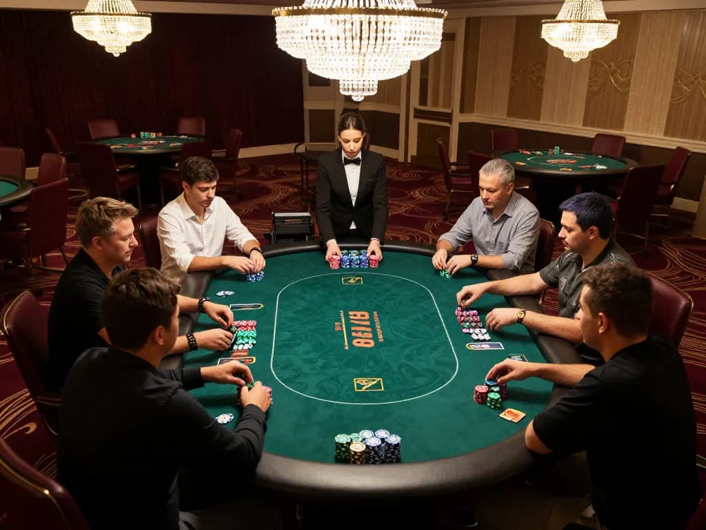 Players strategizing at the FIVE88 poker table in an upscale casino, vibrant chips and focused expressions.