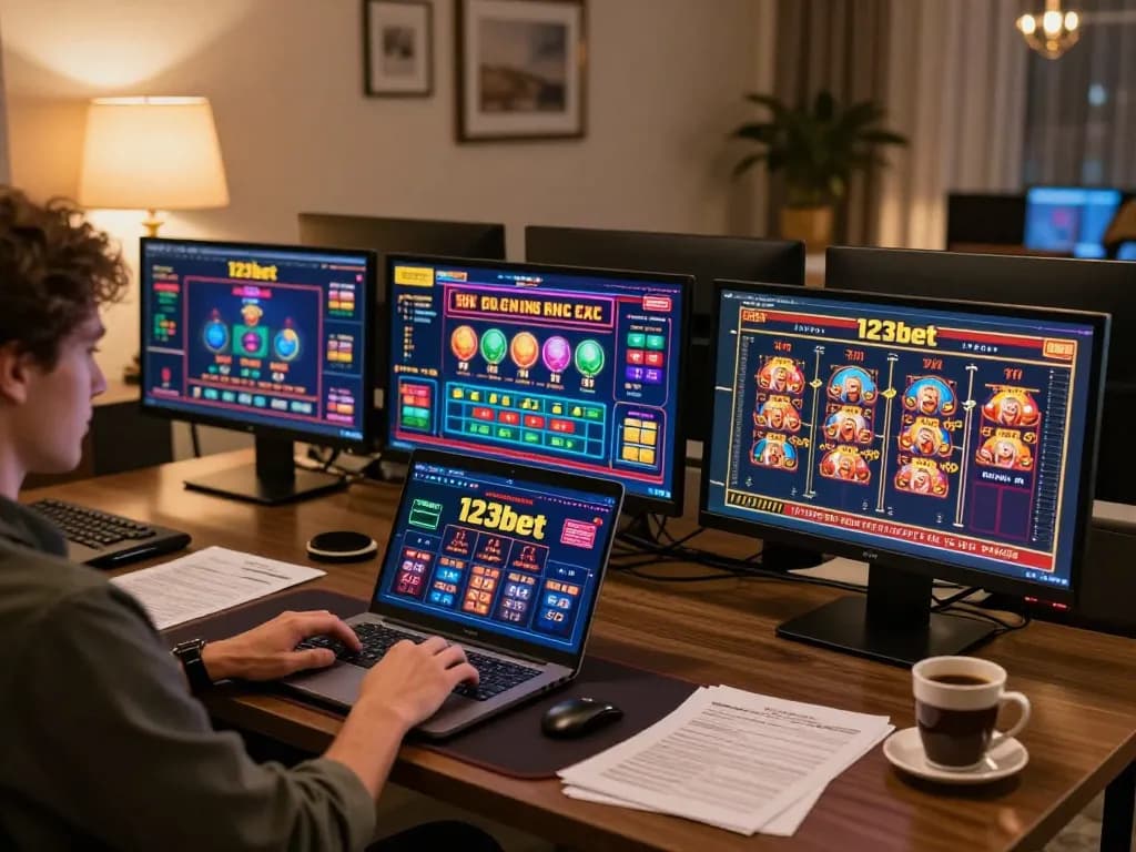 Engaging in 123bet online gambling with multiple games displayed on laptop and stylish desk setup.