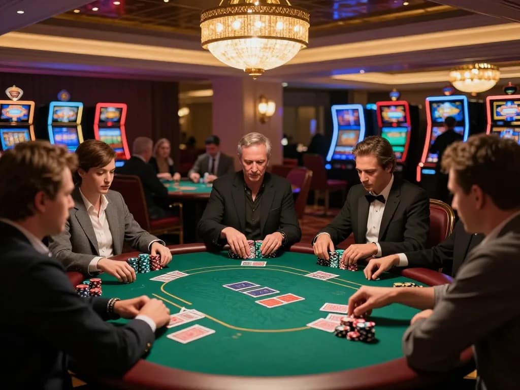 MMOO players engaging in a strategic poker game on a vibrant casino floor, showcasing excitement and elegance.