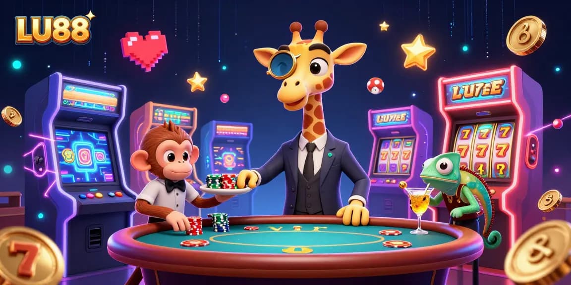 Experience LU88's vibrant gaming scene with a high-roller giraffe and monkey valet at a dynamic casino.