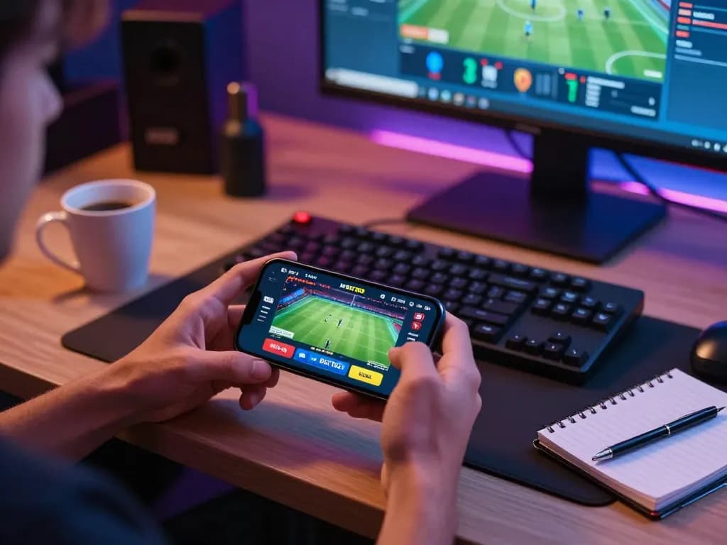 Engaged player accessing Link vào BET168 on a smartphone at a modern gaming desk