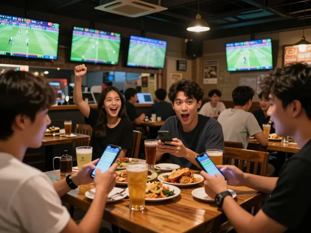 Excited patrons using smartphones to place แทงบอล bets in a lively sports bar atmosphere
