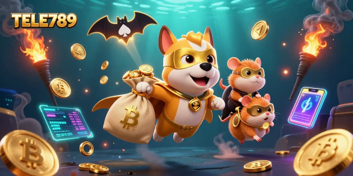 Bet on TELE789 by navigating thrilling casino adventures, featuring a superhero dog and hamster amidst vibrant prizes.