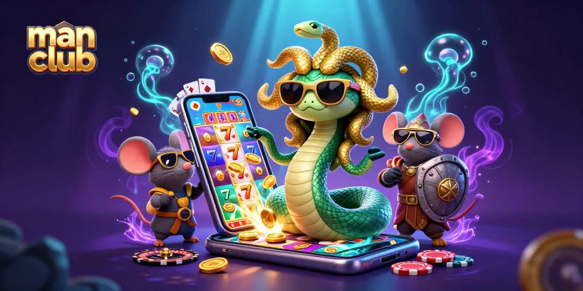 Exciting man club gaming scene featuring vibrant slot games, golden coins, and playful Medusa.