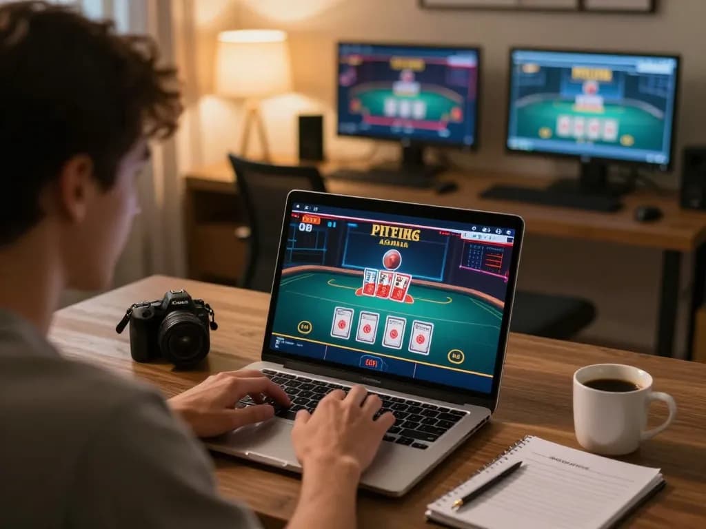 Engaged player analyzing live dealer game on lc88, showcasing strategic online gambling setup.