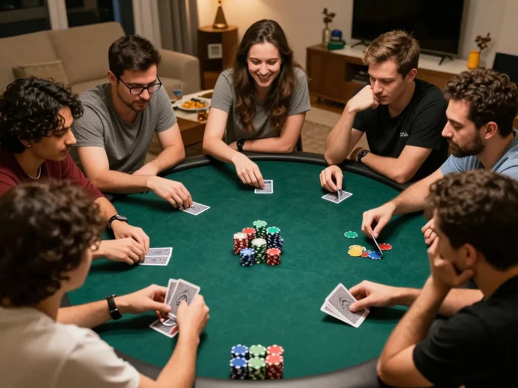 kp88 poker night scene with friends enjoying chips and cards in cozy atmosphere