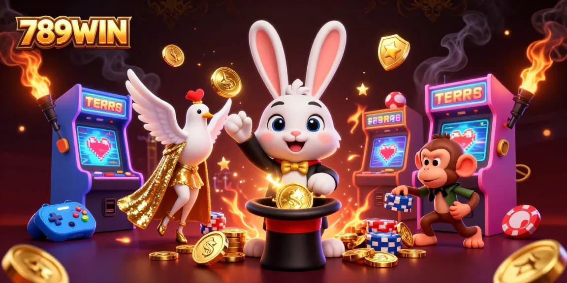 Experience thrilling gaming action at 789WIN with colorful arcade elements and vibrant casino characters.